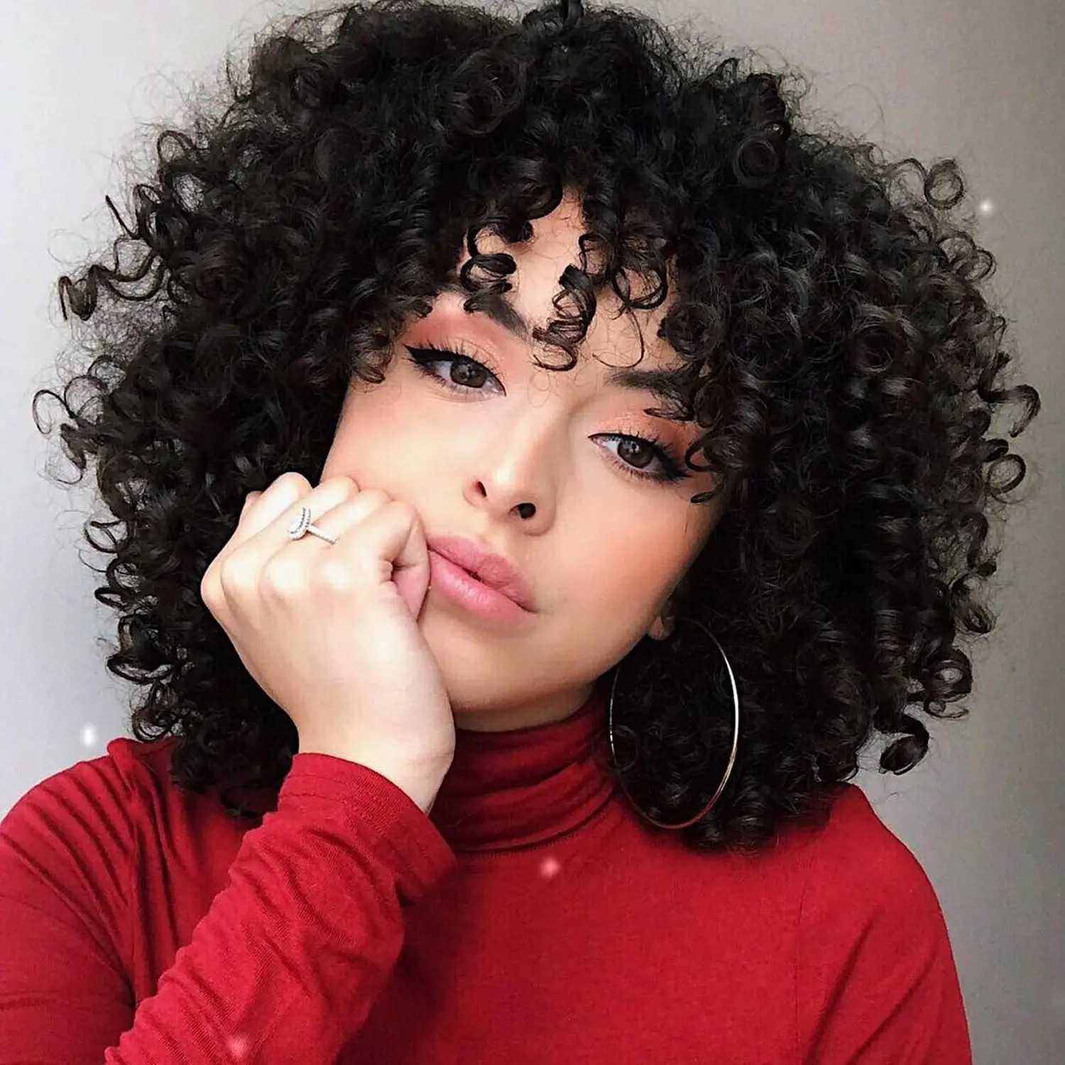 Synthetic Curly Wigs for Women Afro Curly Wig with Bangs Natural Black Hair Synthetic Heat Resistant Full WigsXJ241008