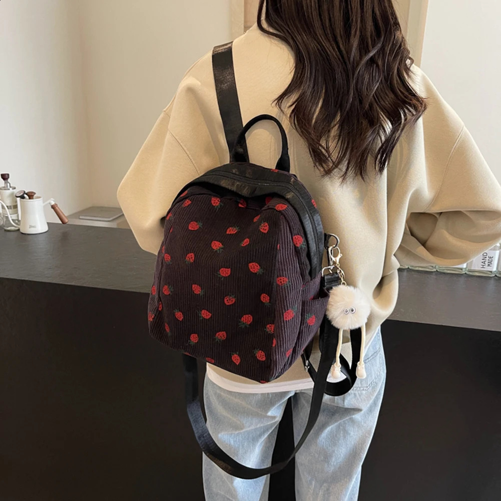 Kawaii Strawberry Corduroy School Bag Teenage Girl Beauty Backpack Lightweight Fashion Shoulder Zippered Small 241008
