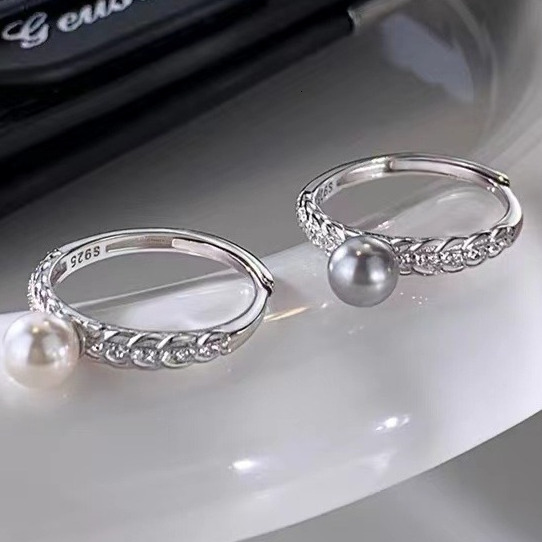 pearl sparkling diamond female niche design, open mouth ring, light luxury, high-end fashion, index finger ring