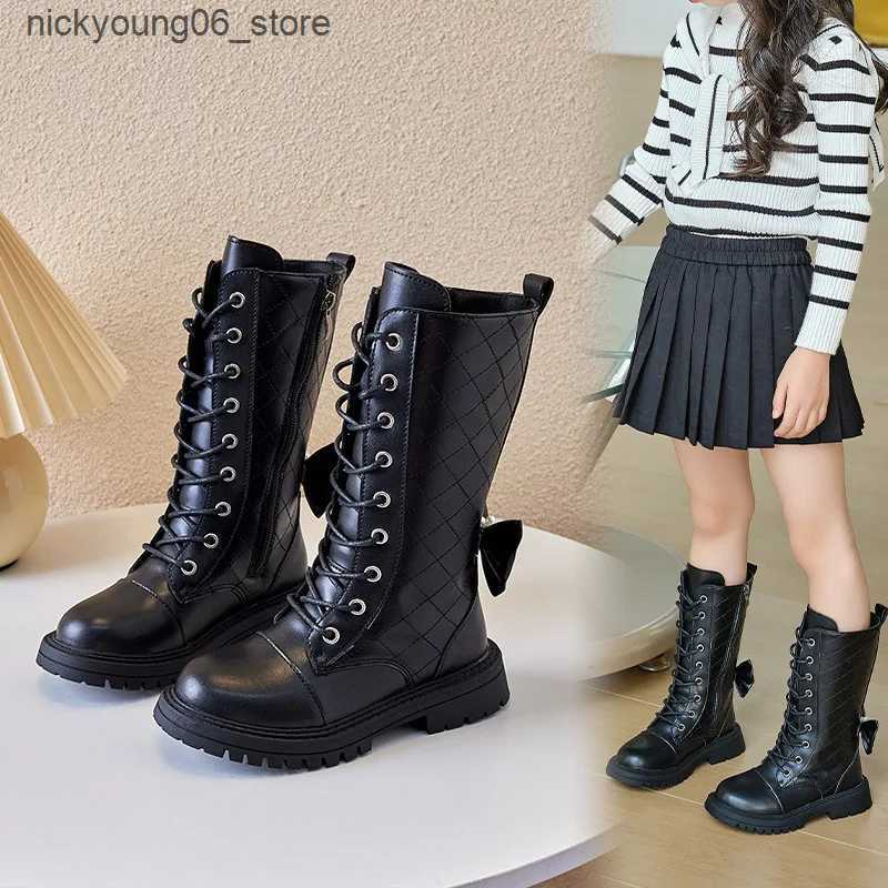 Boots Autumn Winter Girls Casual Boots Fashion Show Children High-top Boots Bow Princess Shoes Windproof Waterproof Outdoor Kids Shoes L240910