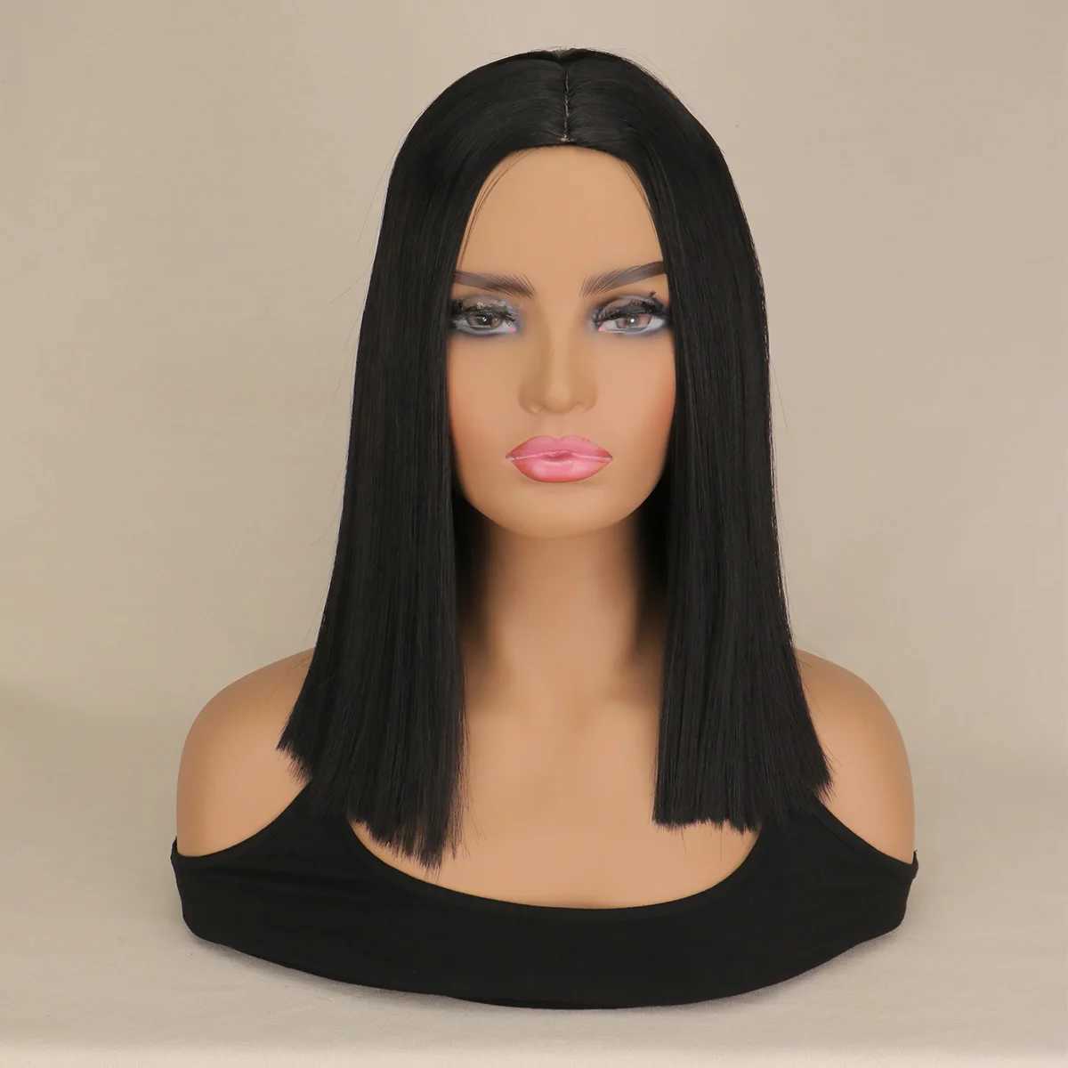 Short Bob Synthetic hair Wig For Women Natural Hair Wigs Cosplay Party Middle Part Black 14 inchXJ241008
