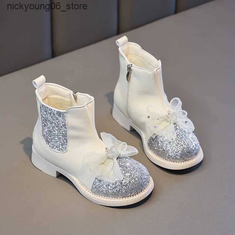 Boots Kid Shoe Fashion Girl Boots Autumn 2023Trend Soft Sole Princess Boot Non Slip Two Cotton Leather Boot Bow Ankle Boot Botas L240910