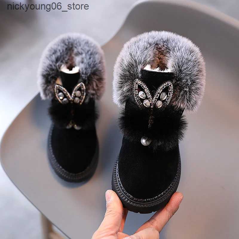 Boots Girls Snow Boots Kids Ankle Boots Sweet Cute Rabbit Ear Crystal Fluffy Smooth Fur Hairy Warm Thick Cotton Children Winter Boots L240910