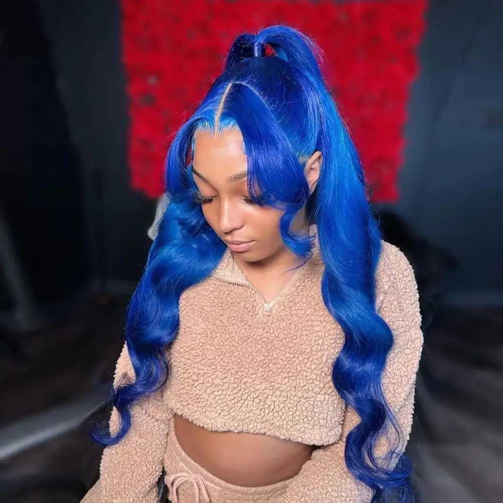 13x4 Sapphire Blue Lace Front Wig Body Wave Human Hair Wigs Dark Blue Color Transparent Pre-Plucked Lace Frontal Wigs For WomenXJ241008