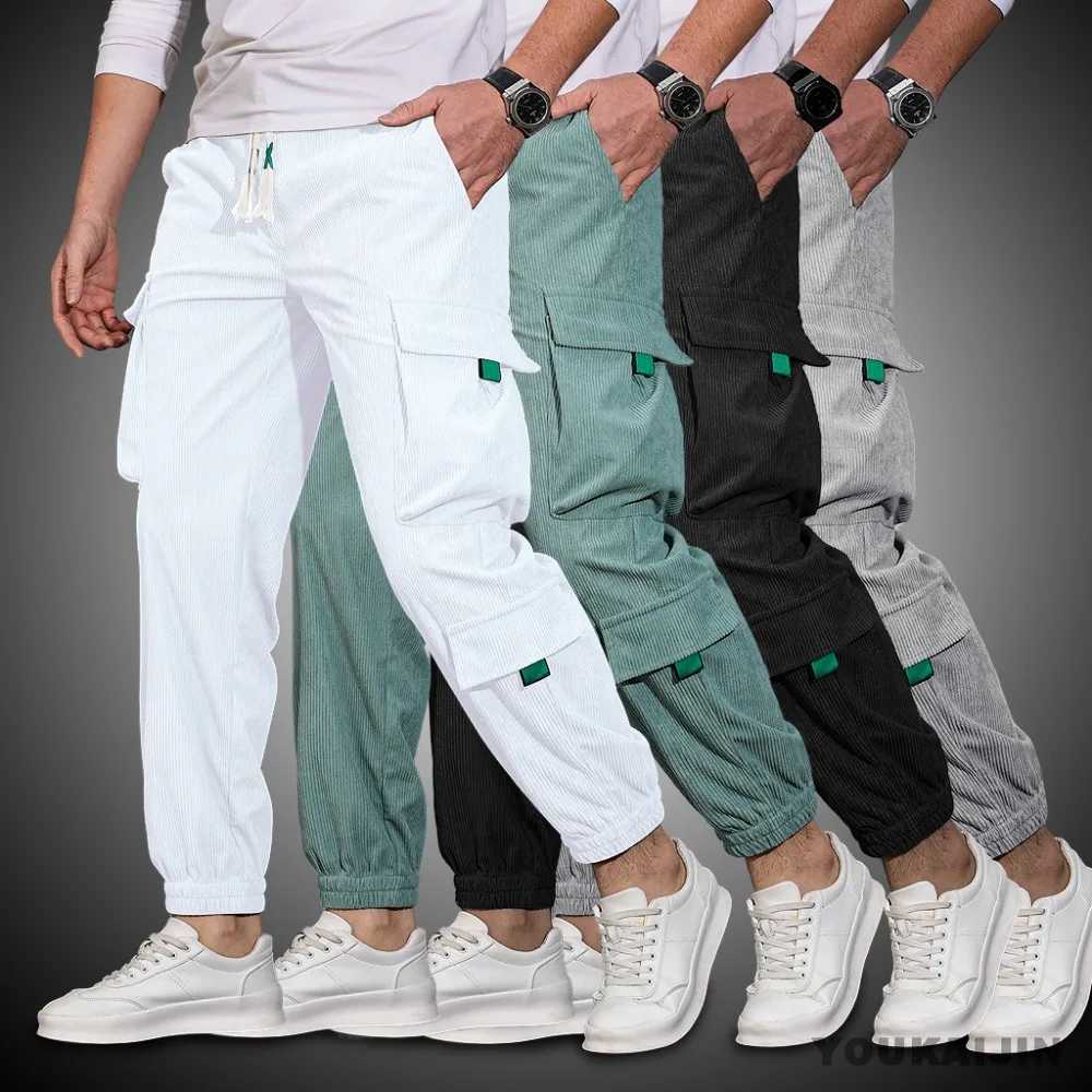 Mens autumn Corduroy jogging pants casual cargo pants solid color drawstring elastic waist bag with pocket tapered sports pants CL241008