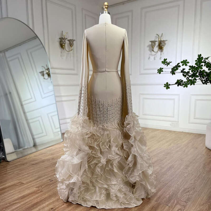 Arabic Caramel Mermaid Elegant Cape Sleeves Beaded Satin Evening Dresses Gowns For Women Party 2024