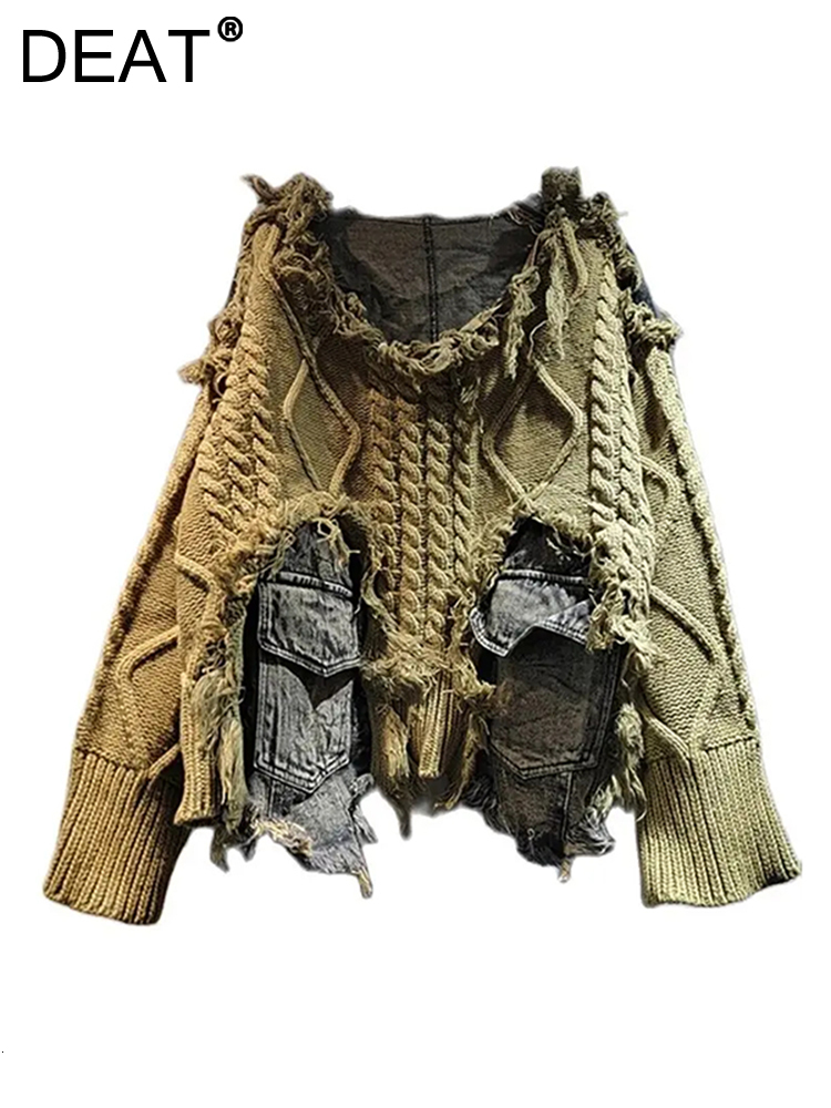 DEAT Women's Pullover Long Sleeve Irregular Do Old Patchwork Pockets Vintage Washed Denim Sweater2024 Autumn New Fashion 29L8195