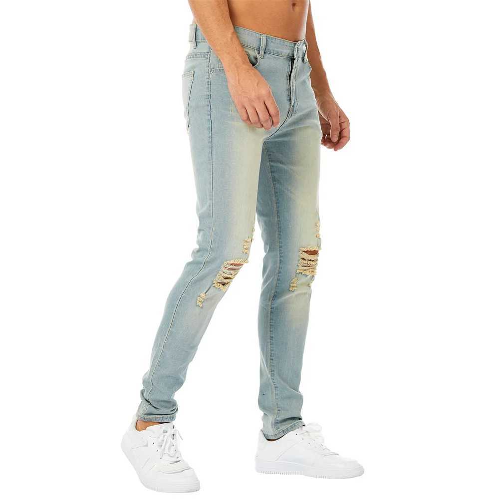 Simple retro style solid hole mens tight jeans Trouser mens fashionable tear elastic casual jeansW240715