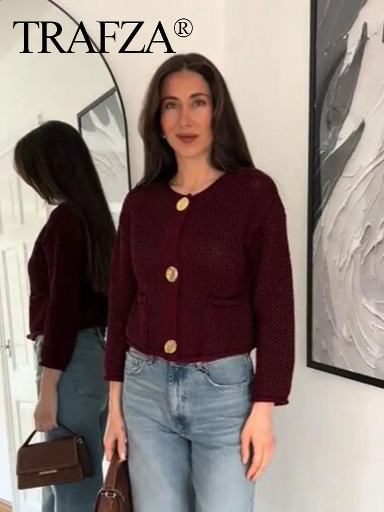 TRAFZA Fashion Knitted Womens Cardigan Autumn Long Sleeve Round Neck Solid Single Chest Loose Fur Burgundy Coat 241007
