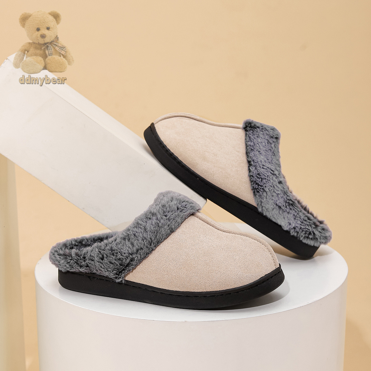 Ddmybear New Winter With Anti Slip And Warm Slippers, Faded Fur Mouth, Thick Sole, Couple Style Cotton Slippers Chinese Brand Shoes F1008-20