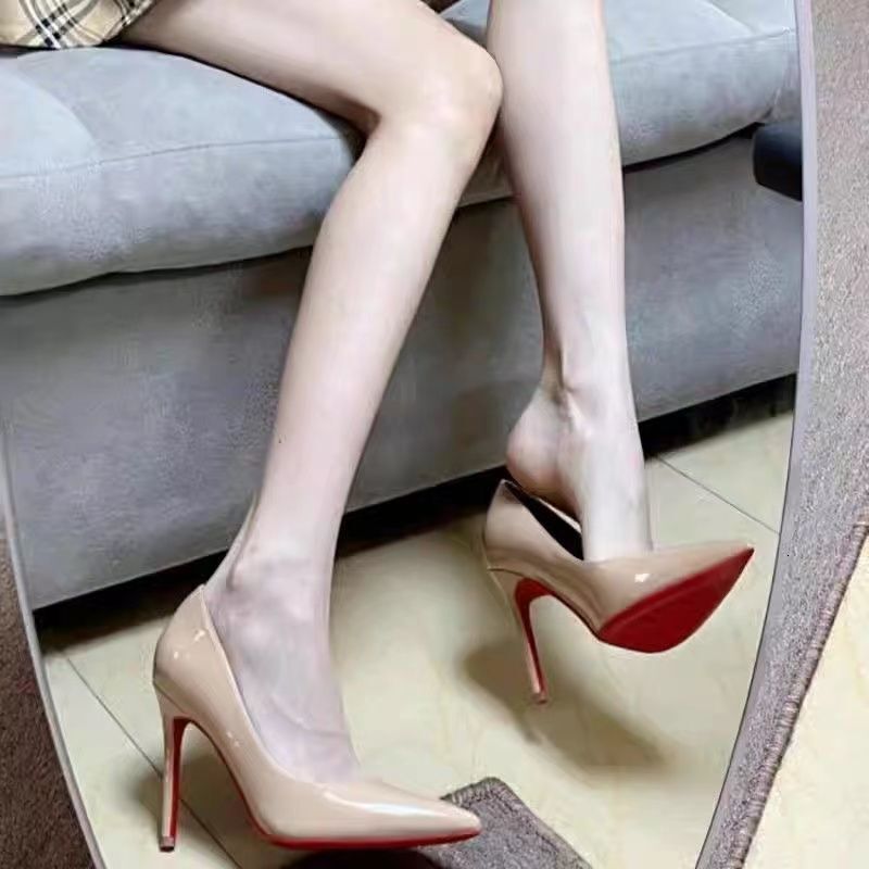 Naked High for Women 2024 New Spring and Autumn Pointed Thin Heels with Side Air Lacquer Leather Temperament, Celebrity Red Sole Professional Single S