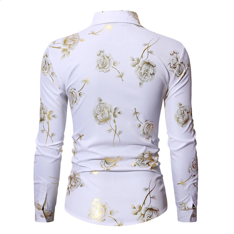 Mens Golden Rose Flower Printed Shirt Flower Steampunk Chemical White Long Sleeve Wedding Party Bronze Kamissa Masculina 241008