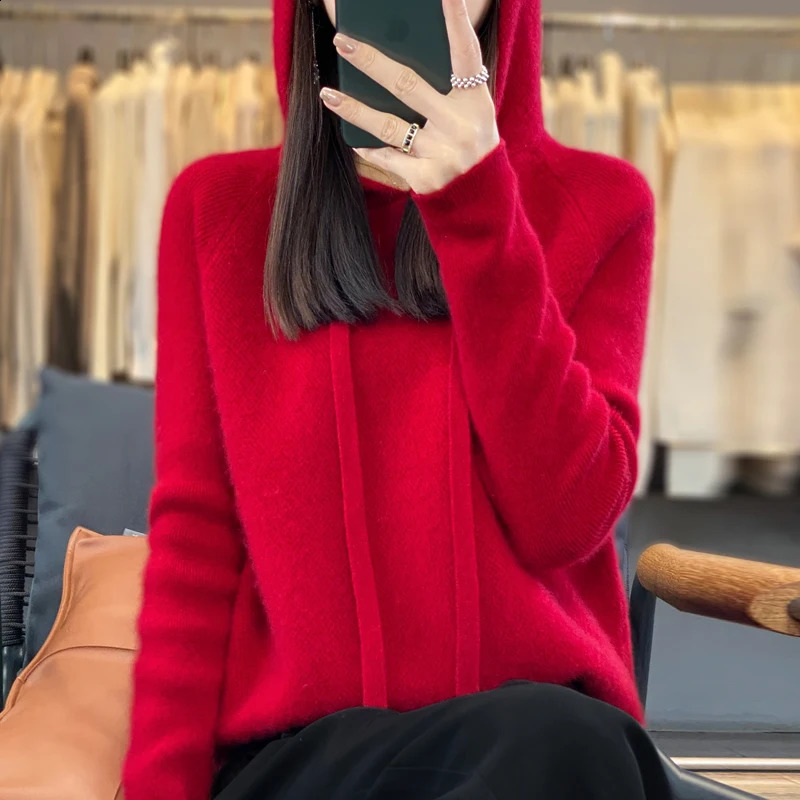 Autumn Thick Hooded Cashmere Sweater 100% Merino Wool Womens Knitted Hoodie Fashion Honeycomb Long Sleeve Top 241007