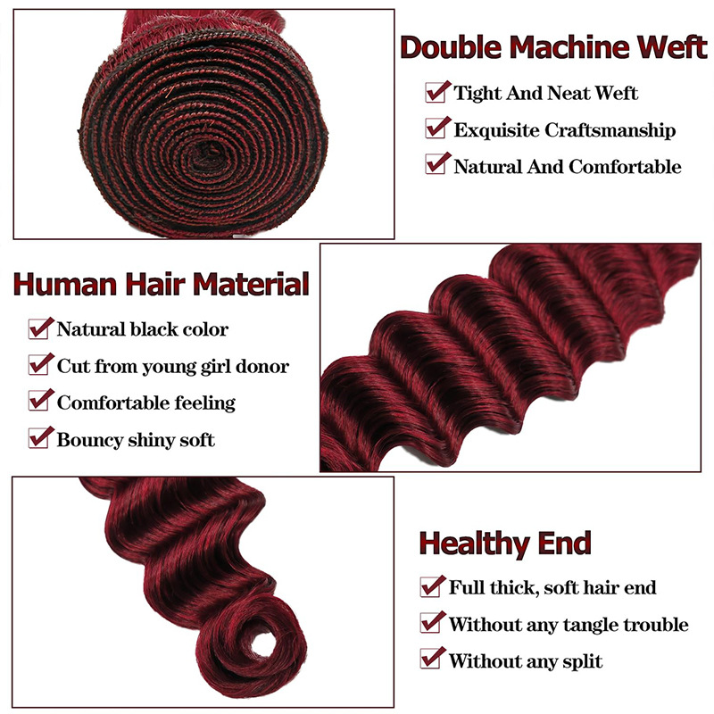 Loose Deep Brazilian Human Hair 99J Burgundy Color 3 Bundles With 4X4 Lace Closure 4 PCS/lot Curly Hair Wefts With Closures