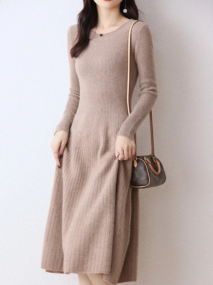 100% pure wool knitted dress womens Oneck ultrathin Frock high waisted long skirt fashionable pullout sweater large swing 241007