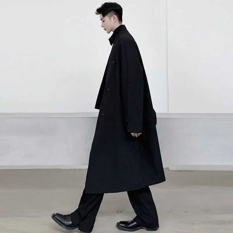 Mens Irregular Double breasted Trench Long Coat with Belt 2022 Autumn/Winter New Loose and Elegant Windproof Machine W241007