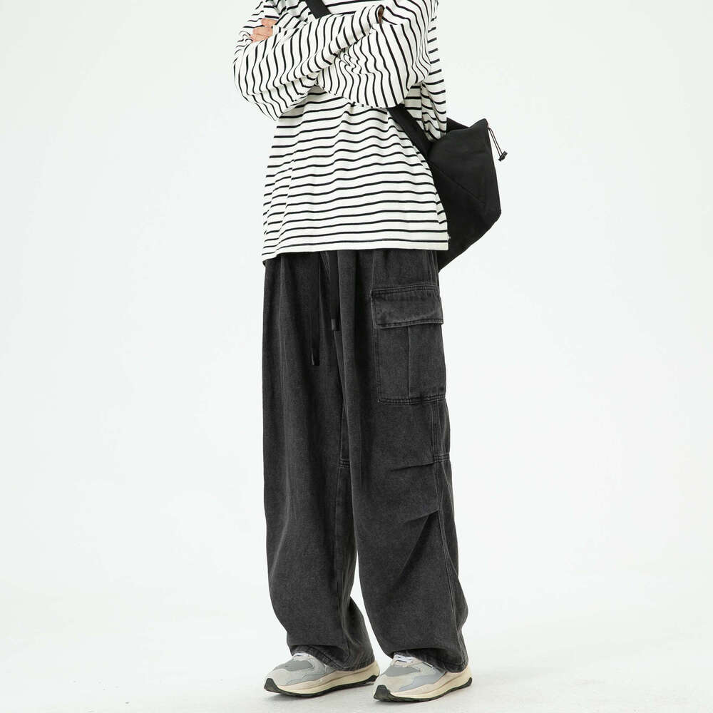 Workwear Jeans Men's Autumn American Retro Washed Pleated Design, Niche Loose Straight Leg Casual Long Pants