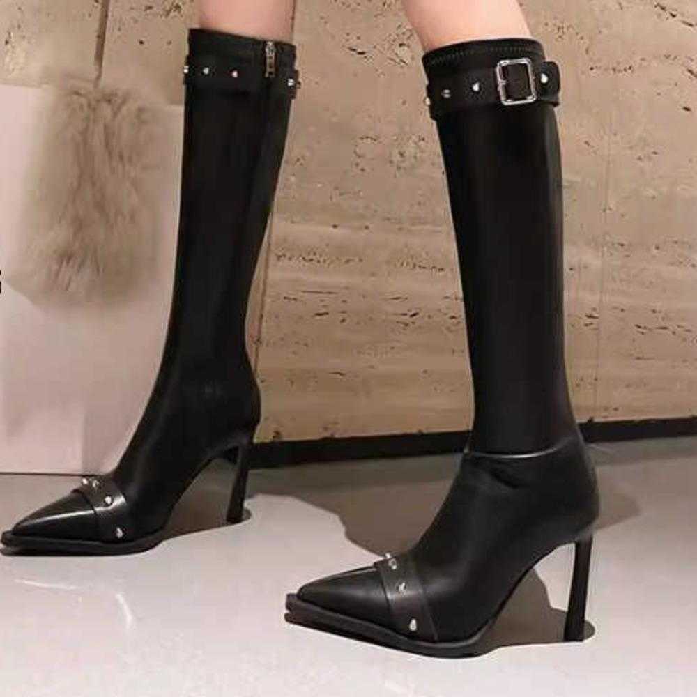Riveted Long Tube Martin Boots For Women With Slim Heels Fashion Boots French Style Pointed High Tube Boots Black High Heels Slimming Boots 240826