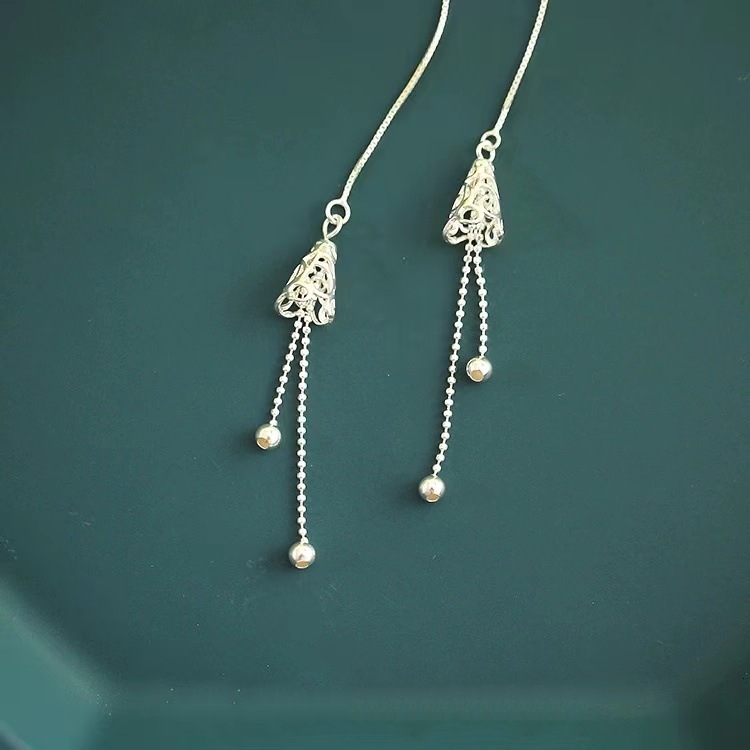 Pure sier needle patterned wind chime cute bell ear tassel earrings simple trendy women's style