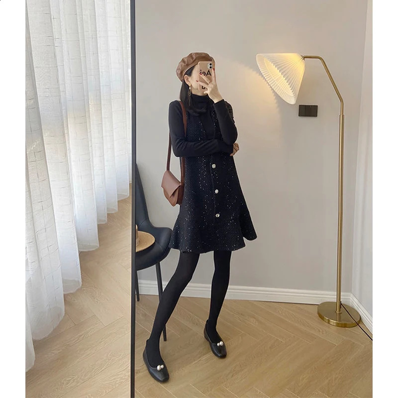MEXZT retro coarse woolen mini dress womens elegant pleated Vneck onepiece winter black sun skirt Korean sleeveless vest 241007