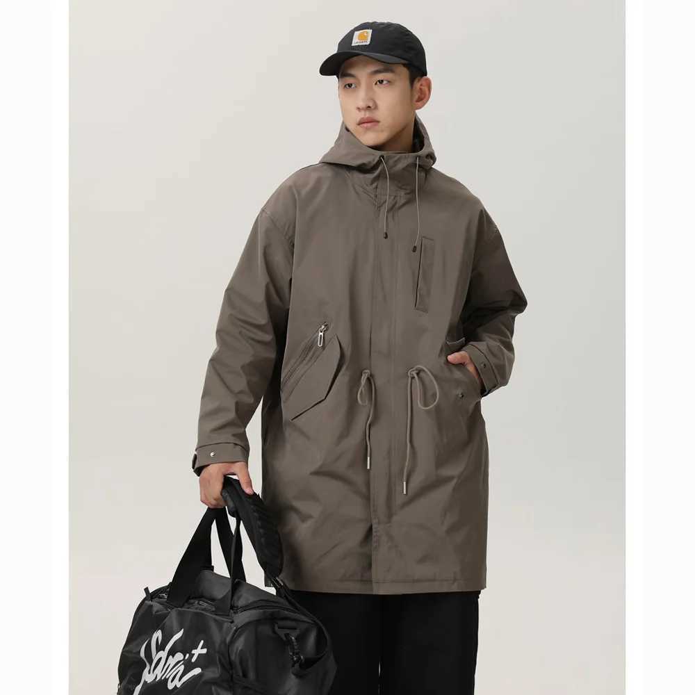 Mens Japanese Korean streetwear loose casual long hooded trench coat mens Amikaji cargo cloak jacket trench coat W241007