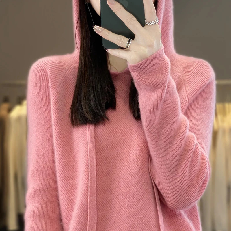 Autumn Thick Hooded Cashmere Sweater 100% Merino Wool Womens Knitted Hoodie Fashion Honeycomb Long Sleeve Top 241007