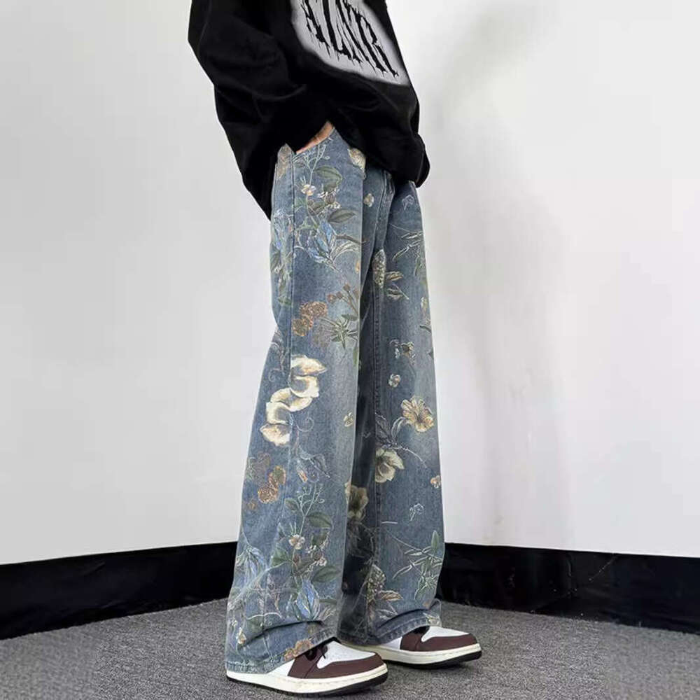 Small Niche High Street Printed Jeans Men's Summer American Hip-Hop Straight Leg Pants Cleanfit Trendy Brand Wide Leg Floor Pants Men's jean