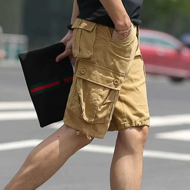 Bermuda mens shorts solid mens cargo shorts button khaki vintage cotton Harajuku loose pockets jogging free deliveryW240713