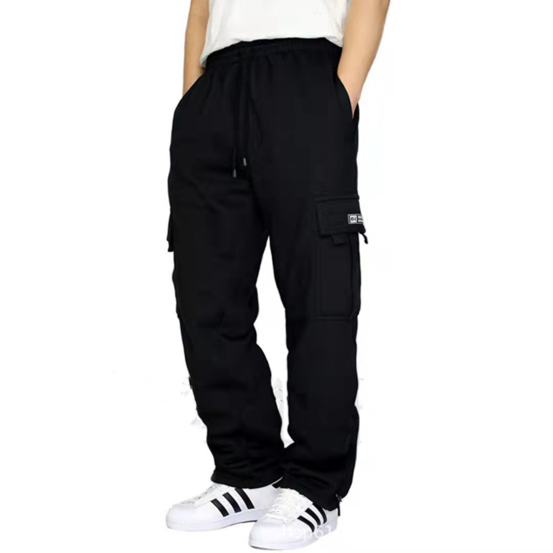 2024 new sports and leisure pants with velvet bundle feet multiple pockets tie rope men's loose work clothes pants