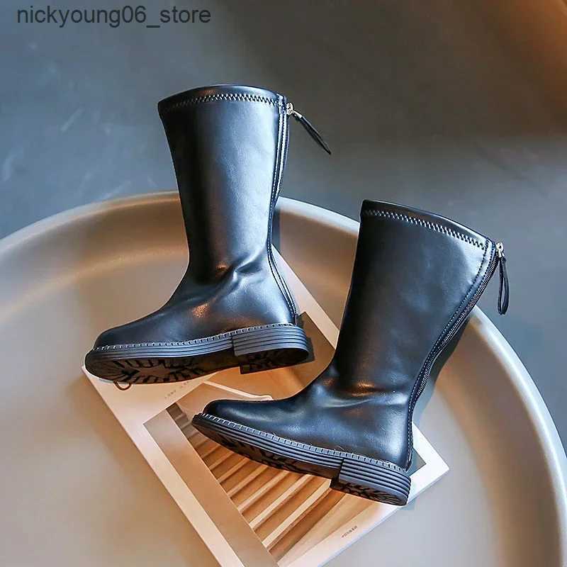 Boots Children Knee-high Boots for Girls Simple Classic Fashion Kids Leather Boots Back Zipper Long Motorcycle Winter New Rubber Boots L240910