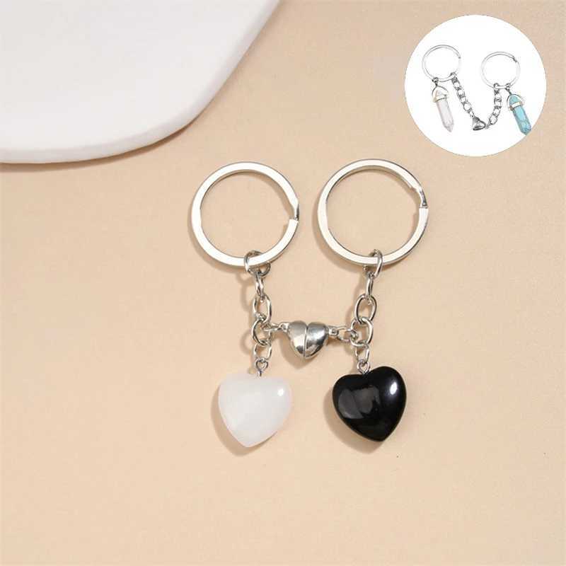 Love Design Keychain Crystal Quartz Stone Heart Key Ring Magnetic Button Key Chains For Couple Friend Gifts DIY JewelryX241008