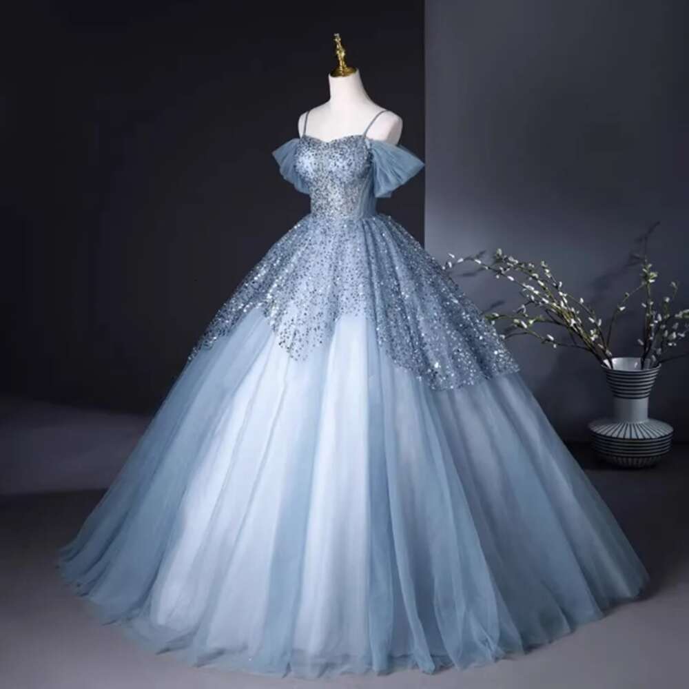 Light Blue Tulle Women Prom Dresses Sweetheart Spaghetti Strap or Length A-e Shiny Sequin Smart Evening Party Gowns