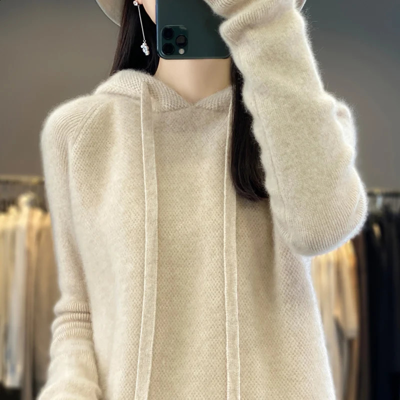 Autumn Thick Hooded Cashmere Sweater 100% Merino Wool Womens Knitted Hoodie Fashion Honeycomb Long Sleeve Top 241007