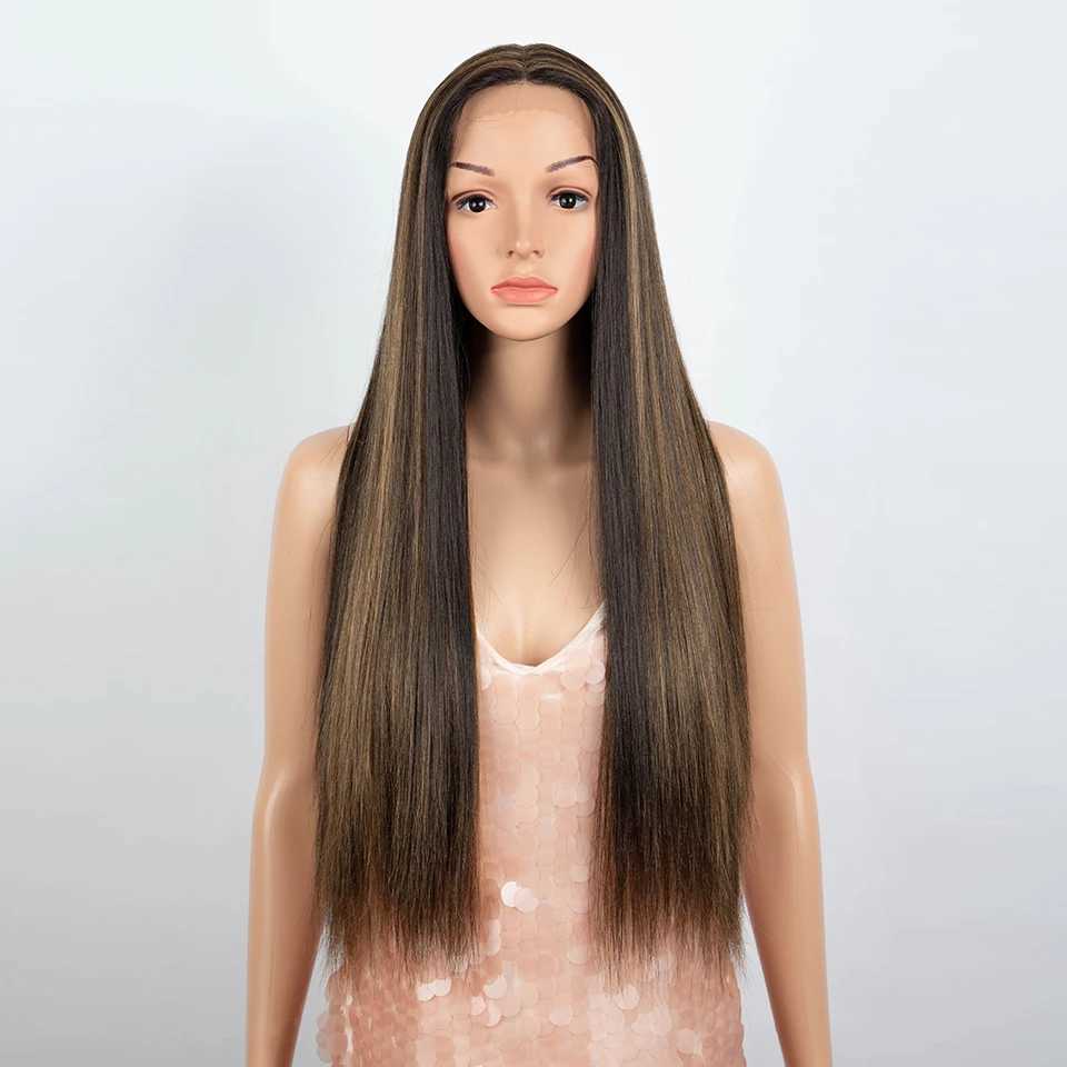 Synthetic Lace Front Wig For Black Women 30 inches Long Straight Middle Part Wig High Temperature Ombre Brown Cosplay WigsXJ241008