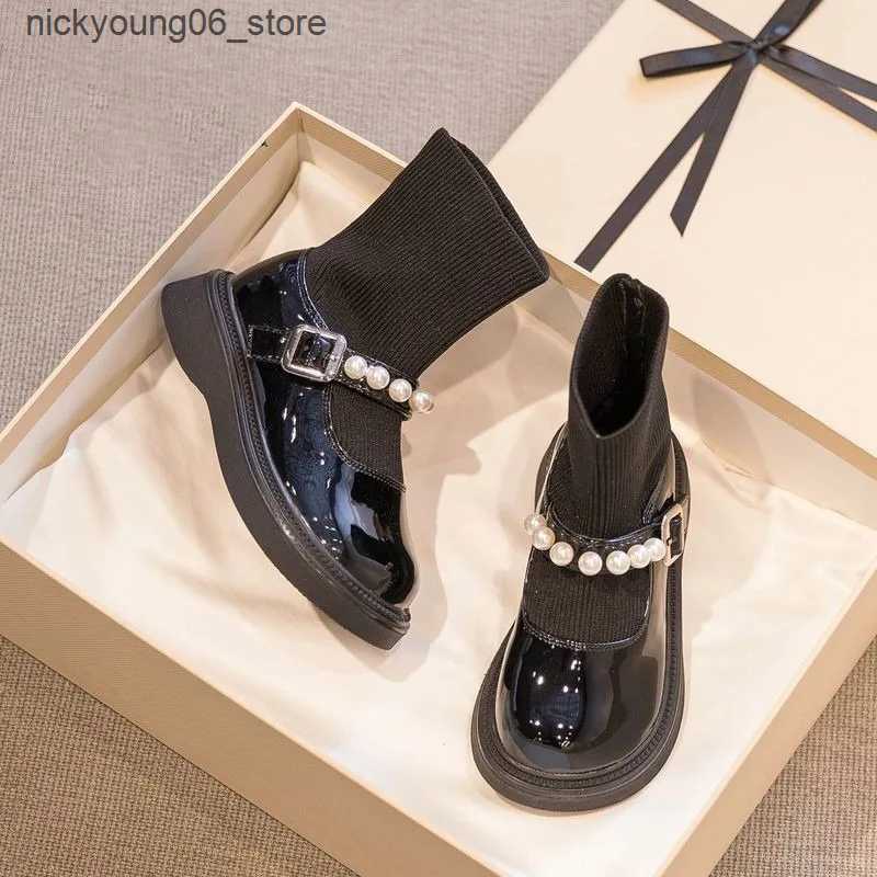 Boots Kids Patent Leather Boots Pearl Knitted Girls Shoes Fashion Soft Sole Princess Boots Black Breathable Children Socks Boots L240910