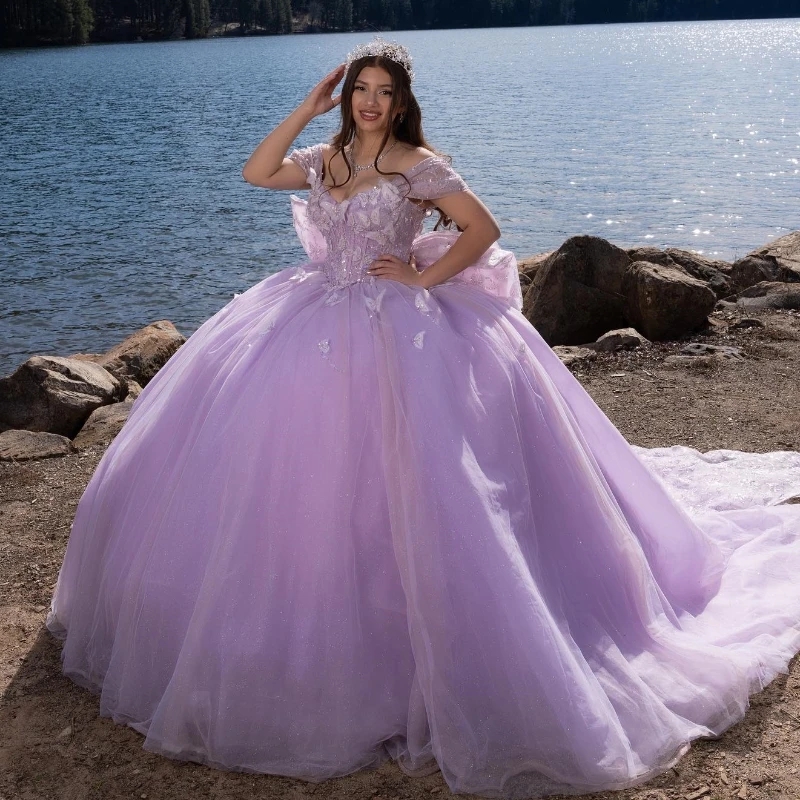 Lavender Lilac Shiny Off The Shoulder Quinceanera Dresses Ball Gown Bow Crystal Beading Tull Sweet 16 Vestido De 15 Anos