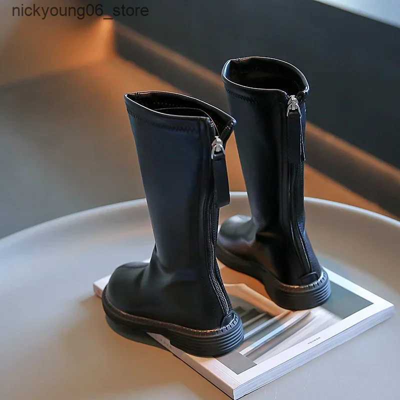 Boots Children Knee-high Boots for Girls Simple Classic Fashion Kids Leather Boots Back Zipper Long Motorcycle Winter New Rubber Boots L240910