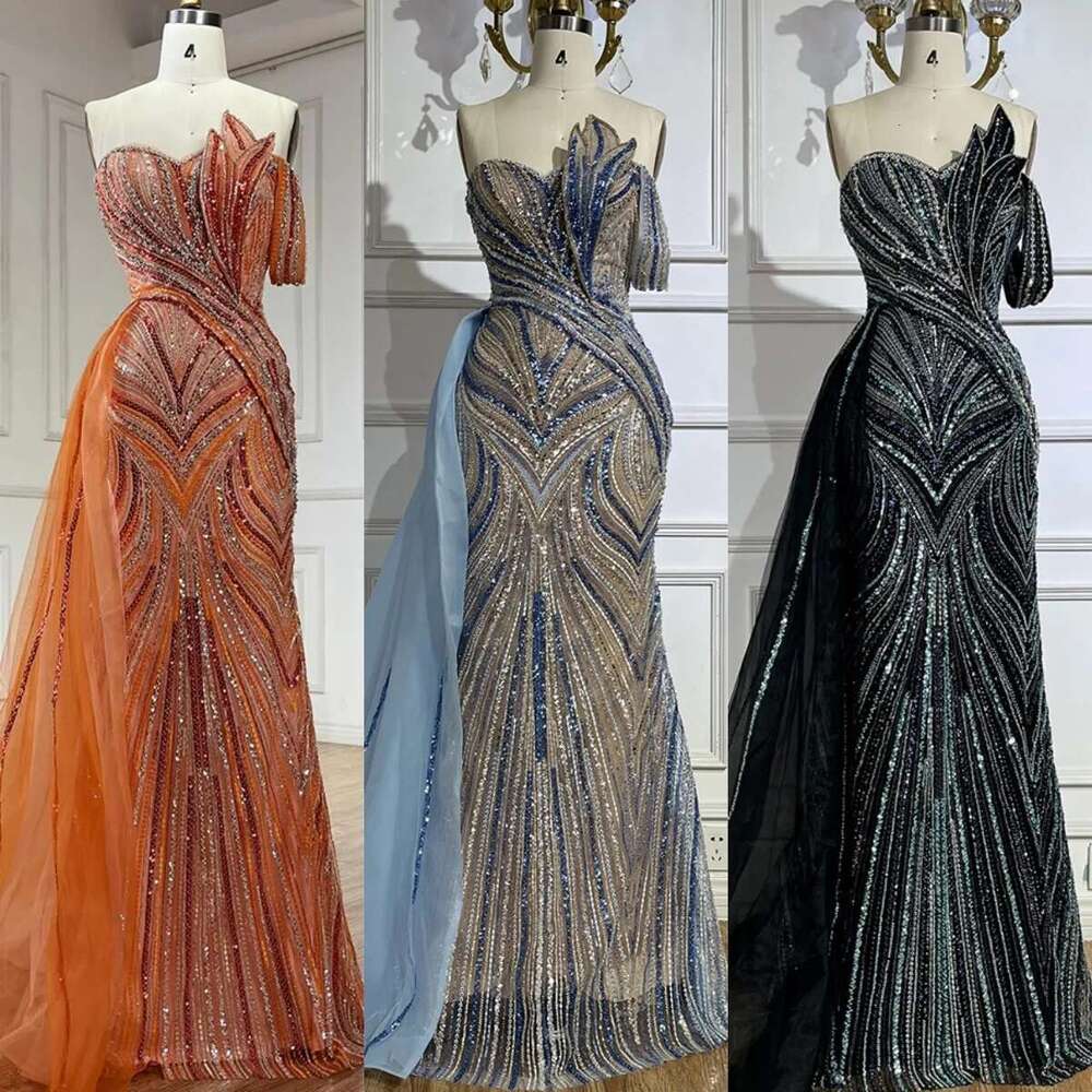Serene Hill 2024 Orange Strapless Beaded Evening Gown with Side Skirt Elegant Party Dresses for Women DLA72662
