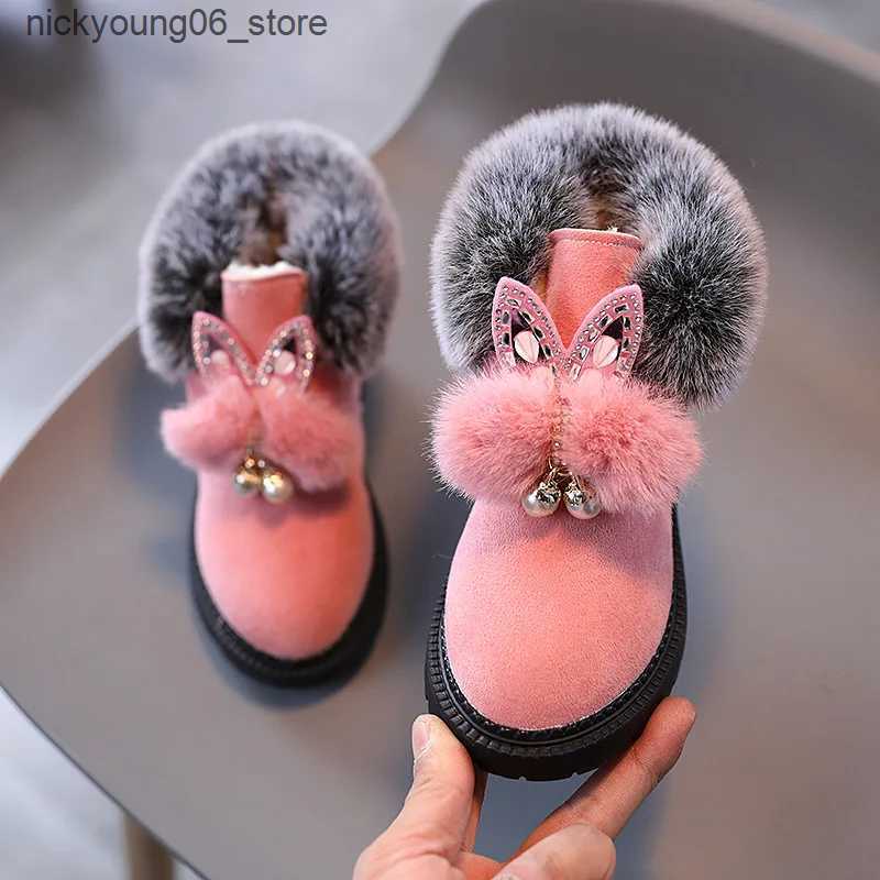 Boots Girls Snow Boots Kids Ankle Boots Sweet Cute Rabbit Ear Crystal Fluffy Smooth Fur Hairy Warm Thick Cotton Children Winter Boots L240910
