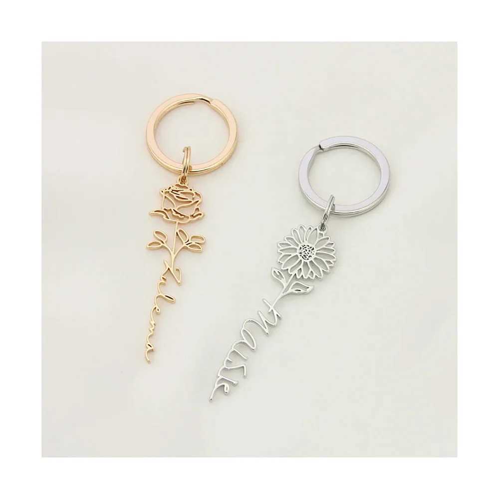 Custom Name Birth Flower Keychain Dainty Personalized Stainless Steel Keyring Fashion Jewelry Christmas Birthday GiftX241008