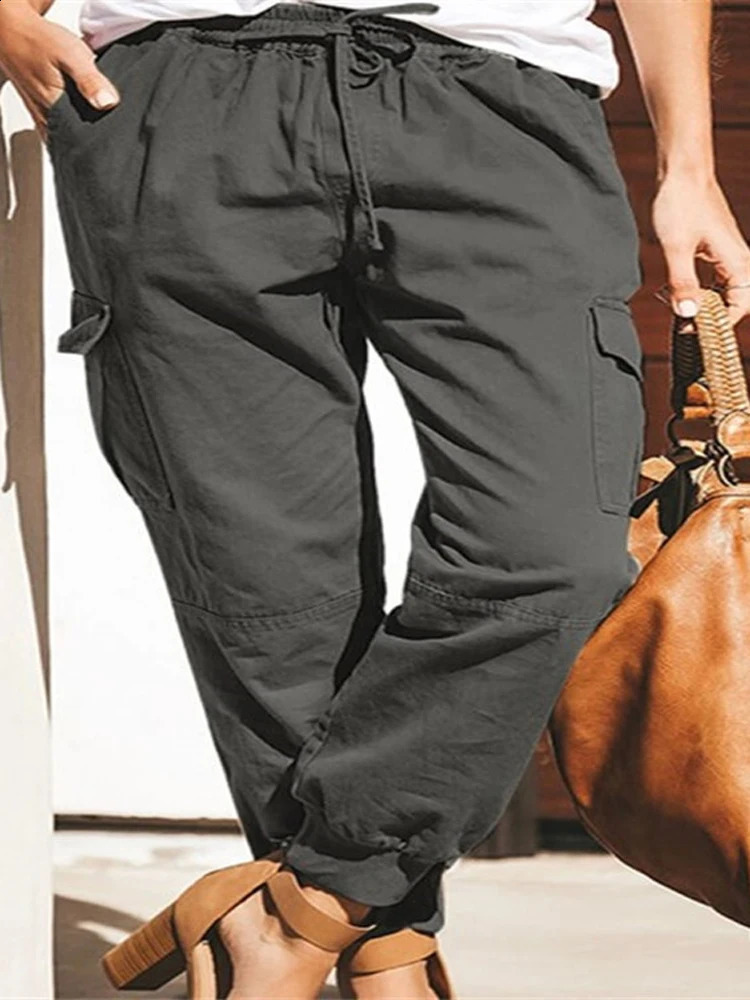 Women Casusal Cargo Long Pants Summer Female High Elastic Waist Drawstring Pocket Loose Solid Trousers ZYXX-1167 241008