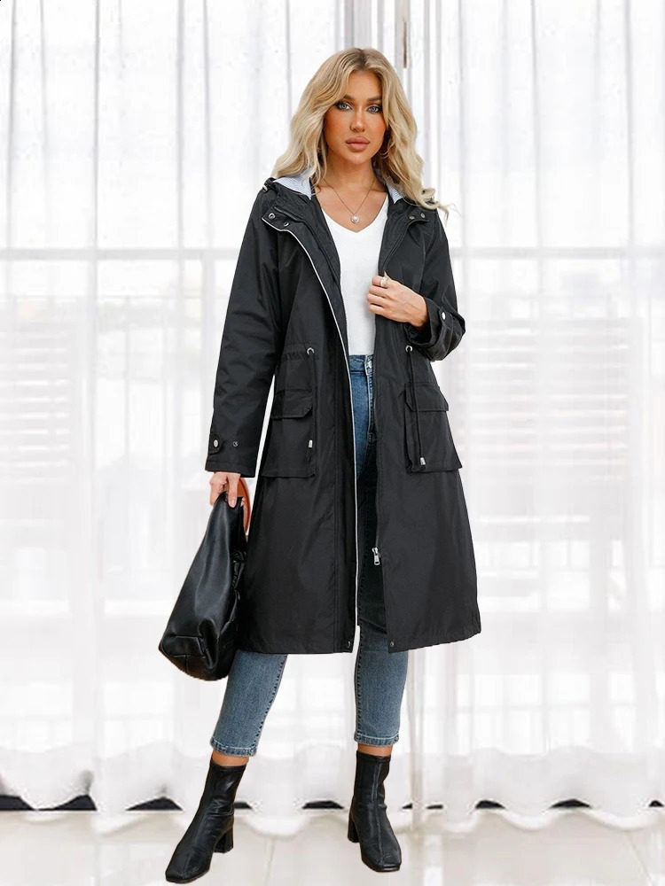 Waterproof jacket womens hooded trench fashionable outdoor windproof jacket loose striped lining drag long jacket autumn winter 241007