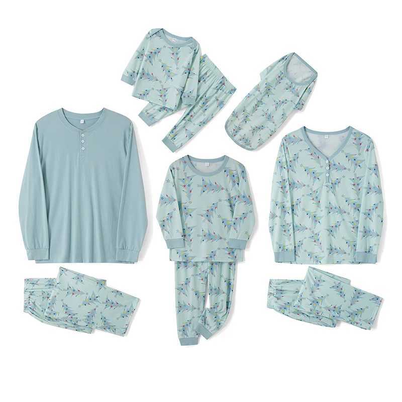 Family matching set Christmas pajamas Christmas tree print/solid long sleeved top+Trouser/jumpsuit/dog suit for parents and children W241008