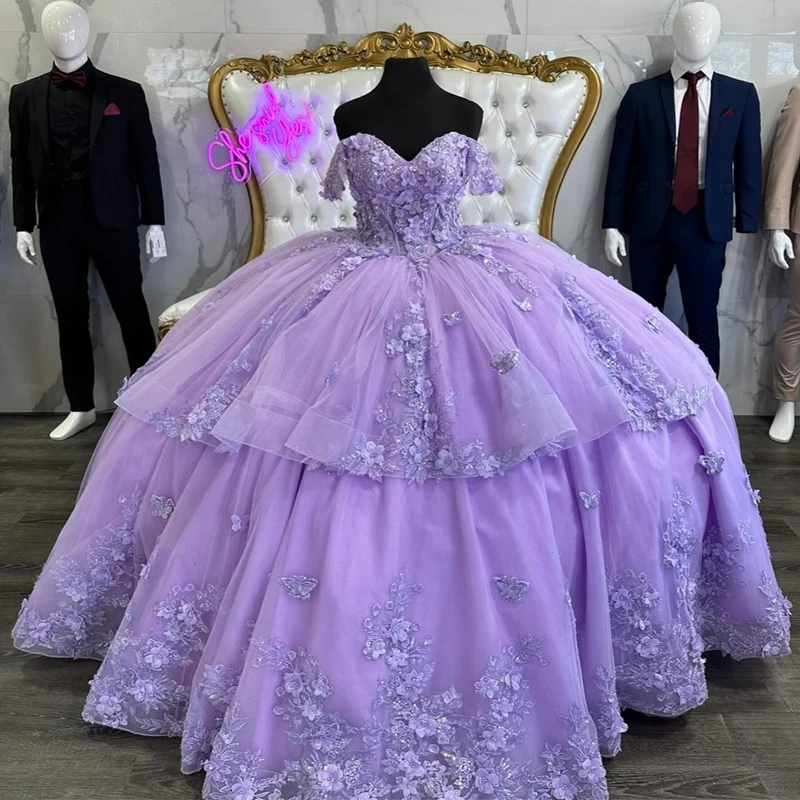 Lavender Shiny Sweetheart Quinceanera Dresses Off The Shoulder Applique Lace Bow Beads Tull Sweet 16 Dress Birthday Party Ball Gowns Vestidos De 15 An