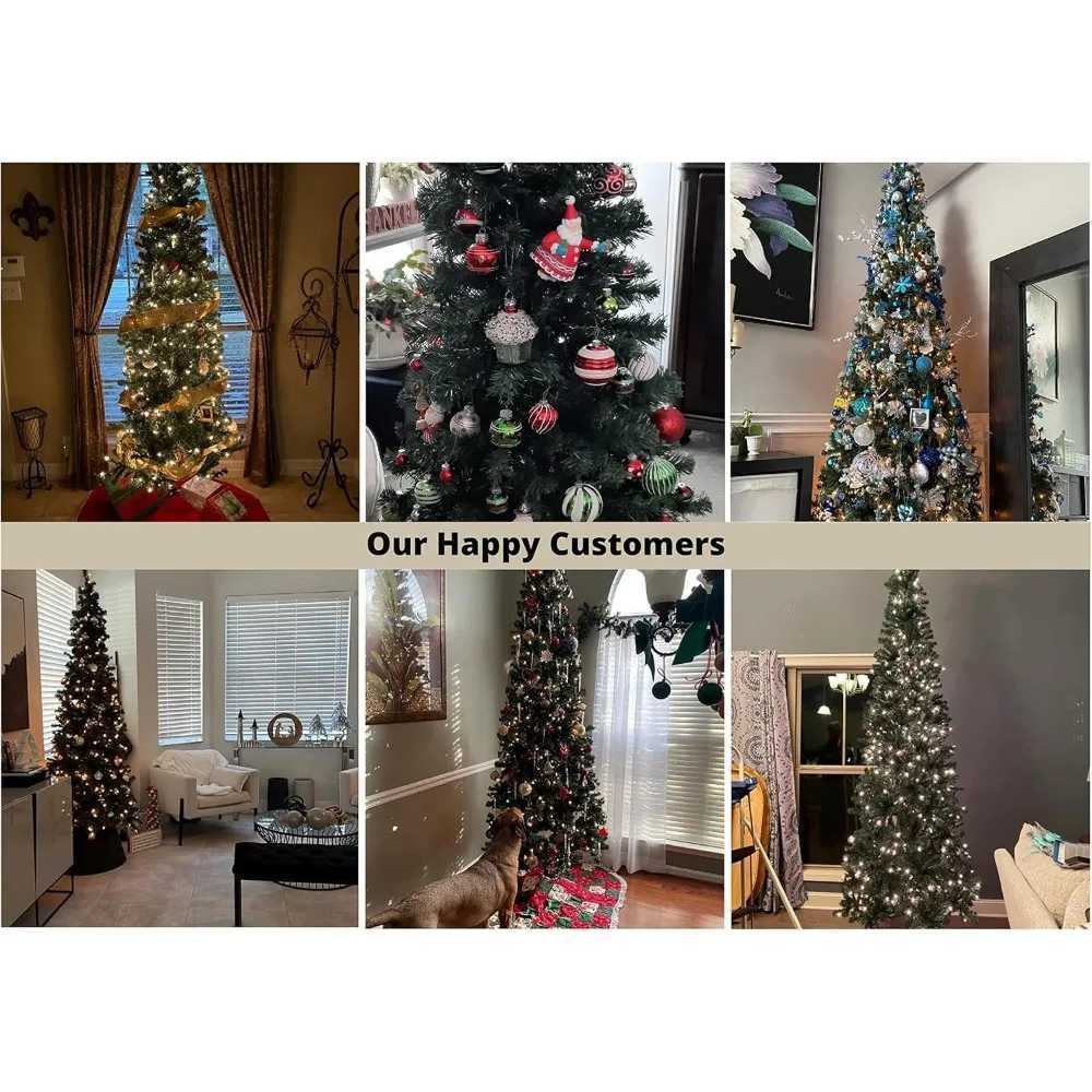 Prelit ultra-thin artificial Christmas tree with branch tips warm lights and metal brackets W241008