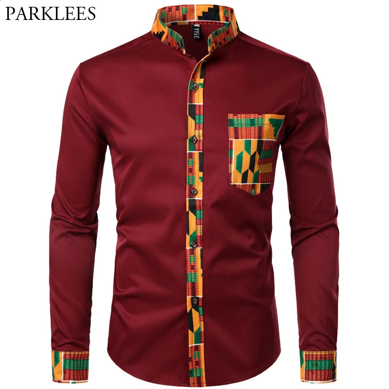 Dashiki African mens shirt patch work pocket African print mens Ankara style long sleeved collar mens dress shirt 241008