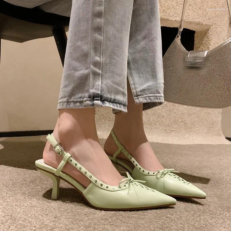 2025 S Fashion Designer Sandals Summer Women Natural Leather Shoes Cm Cowhide Sheepskin Pointed Toe Rivet Bow Back Loop High Heel