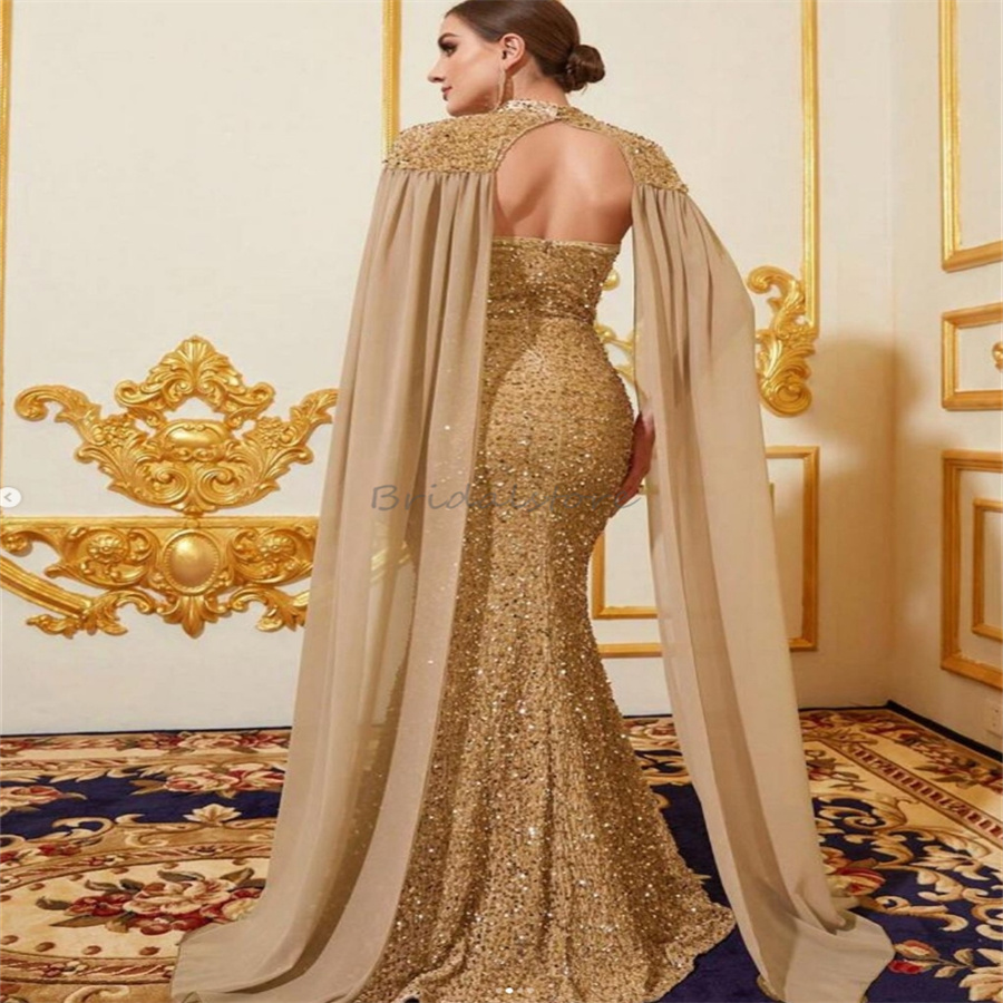 Sparkly Gold Sequin Prom Dresses With Cape Dubai Arabic Glitter Backless Evening Dress 2025 Gorgeous Strapless Mermaid Formal Occasion Party Gowns Bir
