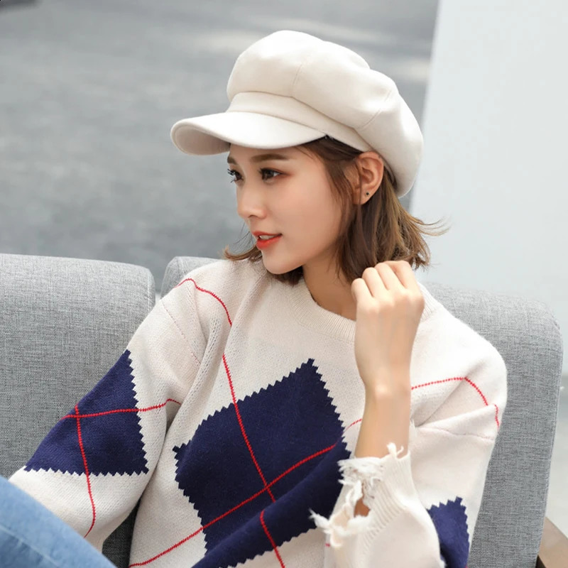 Womens Winter Retro Beret French Artist Warm Felt Hat Womens Solid Octagonal Hat Autumn Girls s Boys Hat 241007