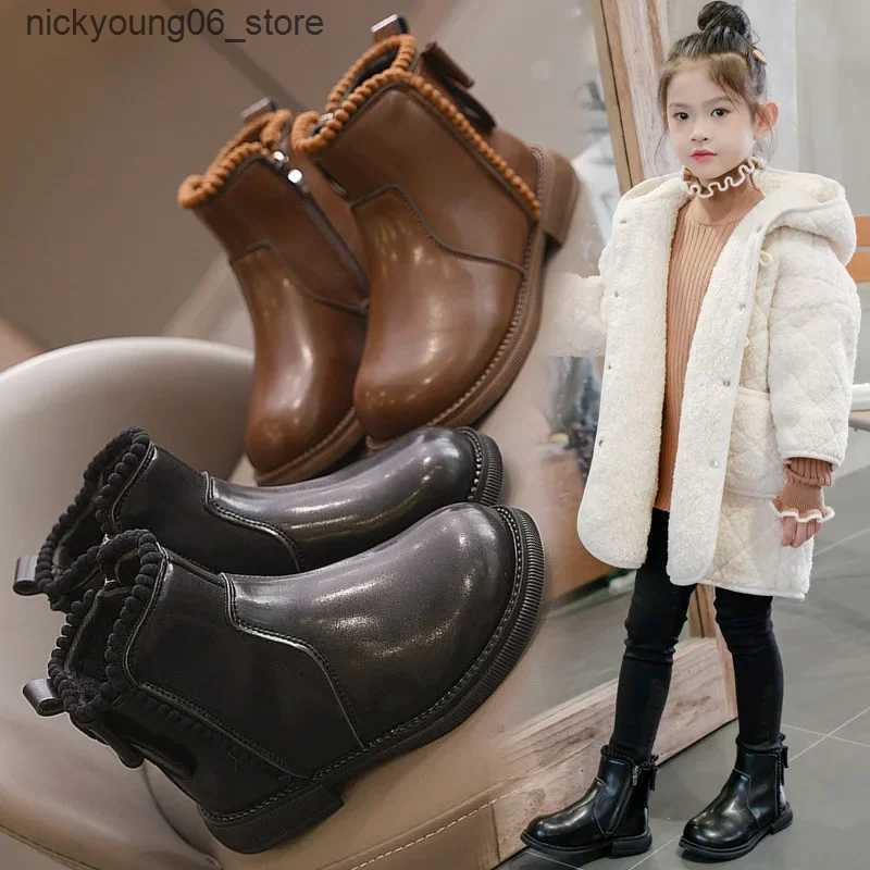 Boots 27-37 Fashion Flower Edge Kid Fashion Boots 2023 Girl Princess Boot Winter Flat Ankle Boot Plush Warm Kid Shoe Girl Short Boot L240910